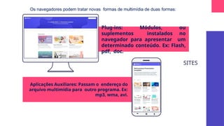 SITES
Plug-ins: Módulos, ou
suplementos instalados no
navegador para apresentar um
determinado conteúdo. Ex: Flash,
pdf, doc.
Aplicações Auxiliares: Passam o endereço do
arquivo multimídia para outro programa. Ex:
mp3, wma, avi. Log
in ...
Os navegadores podem tratar novas formas de multimídia de duas formas:
 
