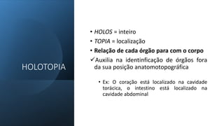 HOLOTOPIA
• HOLOS = inteiro
• TOPIA = localização
• Relação de cada órgão para com o corpo
Auxilia na identinficação de órgãos fora
da sua posição anatomotopográfica
• Ex: O coração está localizado na cavidade
torácica, o intestino está localizado na
cavidade abdominal
 