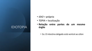 IDIOTOPIA
• IDIO = próprio
• TOPIA = localização
• Relação entre partes de um mesmo
órgão
• Ex: O intestino delgado está ventral ao cólon
 