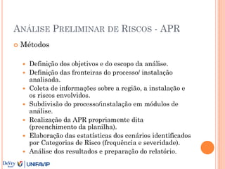 ANÁLISE PRELIMINAR DE RISCOS - APR
 Métodos
 Definição dos objetivos e do escopo da análise.
 Definição das fronteiras do processo/ instalação
analisada.
 Coleta de informações sobre a região, a instalação e
os riscos envolvidos.
 Subdivisão do processo/instalação em módulos de
análise.
 Realização da APR propriamente dita
(preenchimento da planilha).
 Elaboração das estatísticas dos cenários identificados
por Categorias de Risco (frequência e severidade).
 Análise dos resultados e preparação do relatório.
 