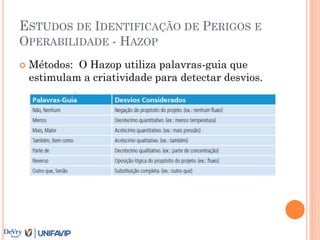 ESTUDOS DE IDENTIFICAÇÃO DE PERIGOS E
OPERABILIDADE - HAZOP
 Métodos: O Hazop utiliza palavras-guia que
estimulam a criatividade para detectar desvios.
 