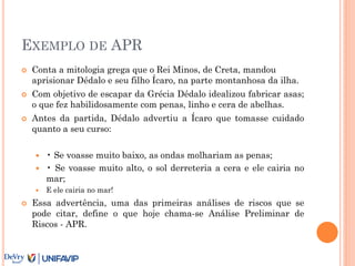 EXEMPLO DE APR
 Conta a mitologia grega que o Rei Minos, de Creta, mandou
aprisionar Dédalo e seu filho Ícaro, na parte montanhosa da ilha.
 Com objetivo de escapar da Grécia Dédalo idealizou fabricar asas;
o que fez habilidosamente com penas, linho e cera de abelhas.
 Antes da partida, Dédalo advertiu a Ícaro que tomasse cuidado
quanto a seu curso:
 • Se voasse muito baixo, as ondas molhariam as penas;
 • Se voasse muito alto, o sol derreteria a cera e ele cairia no
mar;
 E ele cairia no mar!
 Essa advertência, uma das primeiras análises de riscos que se
pode citar, define o que hoje chama-se Análise Preliminar de
Riscos - APR.
 