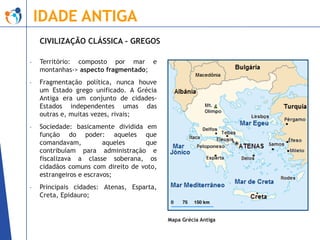 IDADE ANTIGA
CIVILIZAÇÃO CLÁSSICA - GREGOS
-

Território: composto por mar e
montanhas-> aspecto fragmentado;

-

Fragmentação política, nunca houve
um Estado grego unificado. A Grécia
Antiga era um conjunto de cidadesEstados independentes umas das
outras e, muitas vezes, rivais;

-

Sociedade: basicamente dividida em
função do poder: aqueles que
comandavam,
aqueles
que
contribuíam para administração e
fiscalizava a classe soberana, os
cidadãos comuns com direito de voto,
estrangeiros e escravos;

-

Principais cidades: Atenas, Esparta,
Creta, Epidauro;

Mapa Grécia Antiga

 