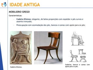 IDADE ANTIGA
MOBILIÁRIO GREGO
Características:
-

Cadeira Klismos: elegante, de belas proporções com espaldar e pés curvos e
assento trançado;

-

Preocupação com acomodação dos pés, bancos e camas com apoio para os pés;

Cadeira Kilsmos.

Cadeiras, bancos e camas com
apoio para os pés.

 