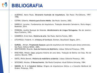 BIBLIOGRAFIA
•

ALBERNAZ, Maria Paula. Dicionário Ilustrado de Arquitetura. São Paulo: Pro-Editores, 19971998.

•

COTRIN, Gilberto. História para Ensino Médio. São Paulo: Saraiva, 2002.

•

FARRELLY, Lorraine. Fundamentos de Arquitetura. Tradução Alexandre Salvaterra. Porto Alegre:
Bookman, 2014.

•

FERREIRA, Aurélio Buarque de Holanda. Minidicionário de Língua Portuguesa. Rio de Janeiro:
Nova Fronteira, 1993.

•

GOMBRICH, Ernst Hans. História da arte. São Paulo: Martins Fontes, 2001.

•

LITCHFIELD, Frederik. H. A history of furniture. Bremen, Deuchland: Dogma, 2011.

•

GURGEL , Miriam. Projetando Espaços: guia de arquitetura de interiores para áreas comerciais.
São Paulo: Editora SENAC, 2005.
MONTENEGRO, Ricardo. Guia da história do Mobiliário. Lisboa: Editorial Presença, 1995.

•

•

RYBCYNSKI, Witold. Casa: pequena história de uma ideia. Tradução de Betina von Staa. Rio de
Janeiro: Record, 1999.

•

OATES, Phillis Bennet. História do mobiliário ocidental. Lisboa: Editorial Presença, 1981.

•

SEVCENKO, Nicolau. O Renascimento. São Paulo/Campinas: Atual/Editora Unicamp, 1984.

•

SIMSON, O. V. A Catedral Gótica: Origens da Arquitectura Gótica e o Conceito Medieval de
Ordem. Presença, 1991.

 