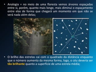 • Analogia = no meio de uma floresta vemos árvores espaçadas
entre si, porém, quanto mais longe, mais diminui o espaçamento
entre elas de forma que chegará um momento em que não se
verá nada além delas;
• O brilho das estrelas cai com o quadrado da distância enquanto
que o número aumenta da mesma forma, logo, o céu deveria ser
tão brilhante quanto a superfície de uma estrela média;
 