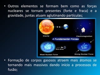 • Outros elementos se formam bem como as forças
nucleares se tornam presentes (forte e fraca) e a
gravidade, juntas atuam aglutinando partículas;
• Formação de corpos gasosos atraem mais átomos se
tornando mais massivos dando início a processos de
fusão;
 