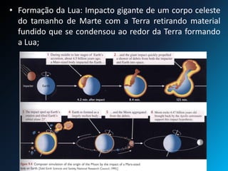 • Formação da Lua: Impacto gigante de um corpo celeste
do tamanho de Marte com a Terra retirando material
fundido que se condensou ao redor da Terra formando
a Lua;
 