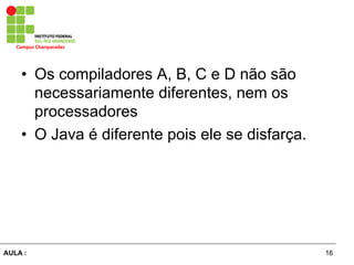 16AULA :
Campus	
  Charqueadas	
  
•  Os compiladores A, B, C e D não são
necessariamente diferentes, nem os
processadores
•  O Java é diferente pois ele se disfarça.
 