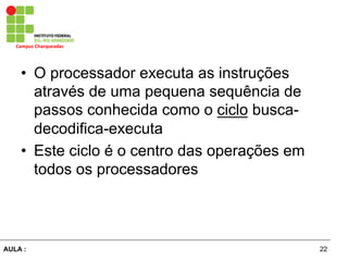 22AULA :
Campus	
  Charqueadas	
  
•  O processador executa as instruções
através de uma pequena sequência de
passos conhecida como o ciclo busca-
decodifica-executa
•  Este ciclo é o centro das operações em
todos os processadores
 