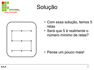 3AULA :
Campus	
  Charqueadas	
  
Solução
•  Com essa solução, temos 5
retas
•  Será que 5 é realmente o
número mínimo de retas?
•  Pense um pouco mais!
 