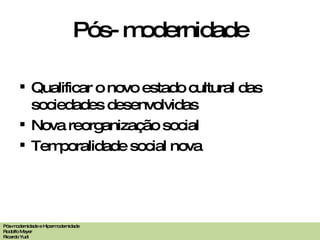 Pós- modernidade Qualificar o novo estado cultural das sociedades desenvolvidas Nova reorganização social Temporalidade social nova Pós-modernidade e Hipermodernidade Rodolfo Meyer Ricardo Yudi 