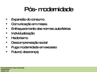 Pós- modernidade Expansão do consumo Comunicação em massa Enfraquecimento das normas autoritárias Individualização Hedonismo  Descomprensação social  Fuga modernidade em excesso Futuro( descrença)  Pós-modernidade e Hipermodernidade Rodolfo Meyer Ricardo Yudi 