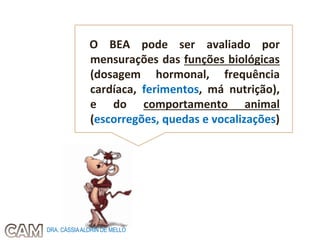 O BEA pode ser avaliado por
mensurações das funções biológicas
(dosagem hormonal, frequência
cardíaca, ferimentos, má nutrição),
e do comportamento animal
(escorregões, quedas e vocalizações)
DRA. CÁSSIAALDRIN DE MELLO
 