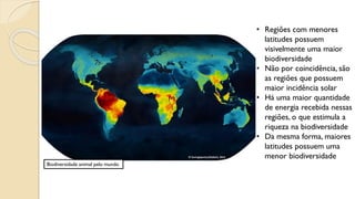 Biodiversidade animal pelo mundo
• Regiões com menores
latitudes possuem
visivelmente uma maior
biodiversidade
• Não por coincidência, são
as regiões que possuem
maior incidência solar
• Há uma maior quantidade
de energia recebida nessas
regiões, o que estimula a
riqueza na biodiversidade
• Da mesma forma, maiores
latitudes possuem uma
menor biodiversidade
 