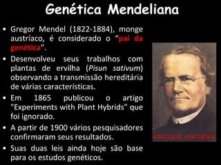 Genética Mendeliana
• Gregor Mendel (1822-1884), monge
austríaco, é considerado o “pai da
genética”.
• Desenvolveu seus trabalhos com
plantas de ervilha (Pisun sativum)
observando a transmissão hereditária
de várias características.
• Em 1865 publicou o artigo
"Experiments with Plant Hybrids" que
foi ignorado.
• A partir de 1900 vários pesquisadores
confirmaram seus resultados.
• Suas duas leis ainda hoje são base
para os estudos genéticos.
 