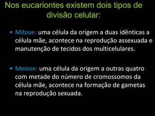 Nos eucariontes existem dois tipos de
divisão celular:
• Mitose: uma célula da origem a duas idênticas a
célula mãe, acontece na reprodução assexuada e
manutenção de tecidos dos multicelulares.
• Meiose: uma célula da origem a outras quatro
com metade do número de cromossomos da
célula mãe, acontece na formação de gametas
na reprodução sexuada.
 