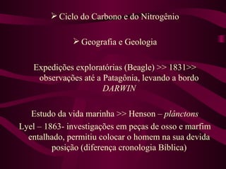  Ciclo do Carbono e do Nitrogênio

               Geografia e Geologia

   Expedições exploratórias (Beagle) >> 1831>>
    observações até a Patagônia, levando a bordo
                      DARWIN

   Estudo da vida marinha >> Henson – plânctons
Lyel – 1863- investigações em peças de osso e marfim
  entalhado, permitiu colocar o homem na sua devida
         posição (diferença cronologia Bíblica)
 