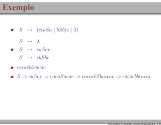 Exemplo
S → (c(aSa | bSb)c | λ)
S → λ
S → caSac
S → cbSbc
cacacbbcacac
S ⇒ caSac ⇒ cacaSacac ⇒ cacacbSbcacac ⇒ cacacbbcacac

Como construir um compilador utilizando ferramentas Java – p. 8/2

 
