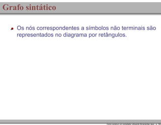 Grafo sintático
Os nós correspondentes a símbolos não terminais são
representados no diagrama por retângulos.

Como construir um compilador utilizando ferramentas Java – p. 18/2

 