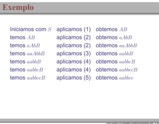 Exemplo
Iniciamos com S
temos AB
temos aAbB
temos aaAbbB
temos aabbB
temos aabbcB
temos aabbccB

aplicamos (1)
aplicamos (2)
aplicamos (2)
aplicamos (3)
aplicamos (4)
aplicamos (4)
aplicamos (5)

obtemos AB
obtemos aAbB
obtemos aaAbbB
obtemos aabbB
obtemos aabbcB
obtemos aabbccB
obtemos aabbcc

Como construir um compilador utilizando ferramentas Java – p. 5/2

 