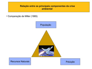 População  Recursos Naturais Poluição Relação entre os principais componentes da crise ambiental  Comparação de Miller (1985)  