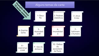 Alguns temas da carta
1- Deus
Pai
2- Poderes
diabólicos
3- Jesus
Cristo
6-
Imortalidad
e
5-
Autoridad
e AT
4- Espírito
Santo
7-
Sofriment
o humano
9 - Uso do
dinheiro
8 –
esperança
cristã
10 – Defesa
do
apostolado
de Paulo
 