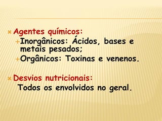 Agentes químicos: 
Inorgânicos: Ácidos, bases e metais pesados; 
Orgânicos: Toxinas e venenos. 
Desvios nutricionais: 
Todos os envolvidos no geral.  