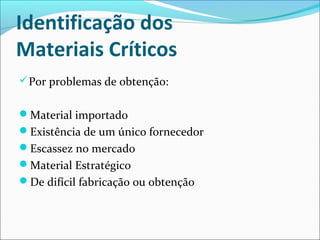 Identificação dos 
Materiais Críticos 
Por problemas de obtenção: 
Material importado 
Existência de um único fornecedor 
Escassez no mercado 
Material Estratégico 
De difícil fabricação ou obtenção 
 
