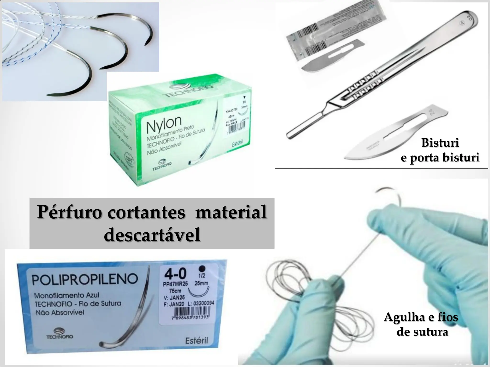 Pérfuro cortantes material
descartável
Agulha e fios
de sutura
Bisturi
e porta bisturi
 