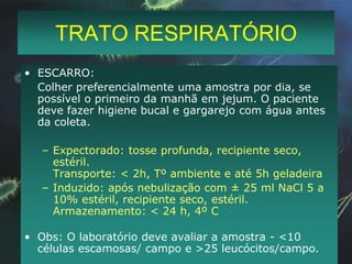 TRATO RESPIRATÓRIOESCARRO:	Colher preferencialmente uma amostra por dia, se possível o primeiro da manhã em jejum. O paciente deve fazer higiene bucal e gargarejo com água antes da coleta.Expectorado: tosse profunda, recipiente seco, estéril.Transporte: < 2h, Tº ambiente e até 5h geladeiraInduzido: após nebulização com ± 25 ml NaCl 5 a 10% estéril, recipiente seco, estéril.Armazenamento: < 24 h, 4º CObs: O laboratório deve avaliar a amostra - <10 células escamosas/ campo e >25 leucócitos/campo.