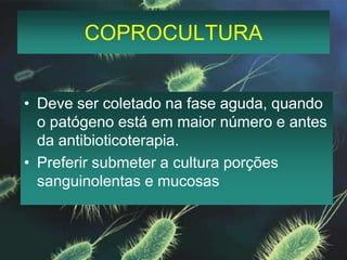 COPROCULTURADeve ser coletado na fase aguda, quando o patógeno está em maior número e antes da antibioticoterapia.Preferir submeter a cultura porções sanguinolentas e mucosas