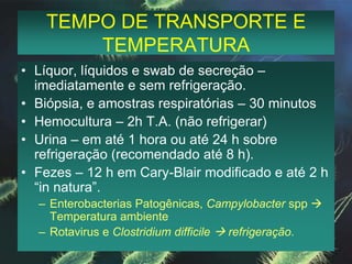 TEMPO DE TRANSPORTE E TEMPERATURALíquor, líquidos e swab de secreção – imediatamente e sem refrigeração.Biópsia, e amostras respiratórias – 30 minutosHemocultura – 2h T.A. (não refrigerar)Urina – em até 1 hora ou até 24 h sobre refrigeração (recomendado até 8 h).Fezes – 12 h em Cary-Blair modificado e até 2 h “in natura”. Enterobacterias Patogênicas, Campylobacter spp  Temperatura ambienteRotavirus e Clostridium difficile  refrigeração.