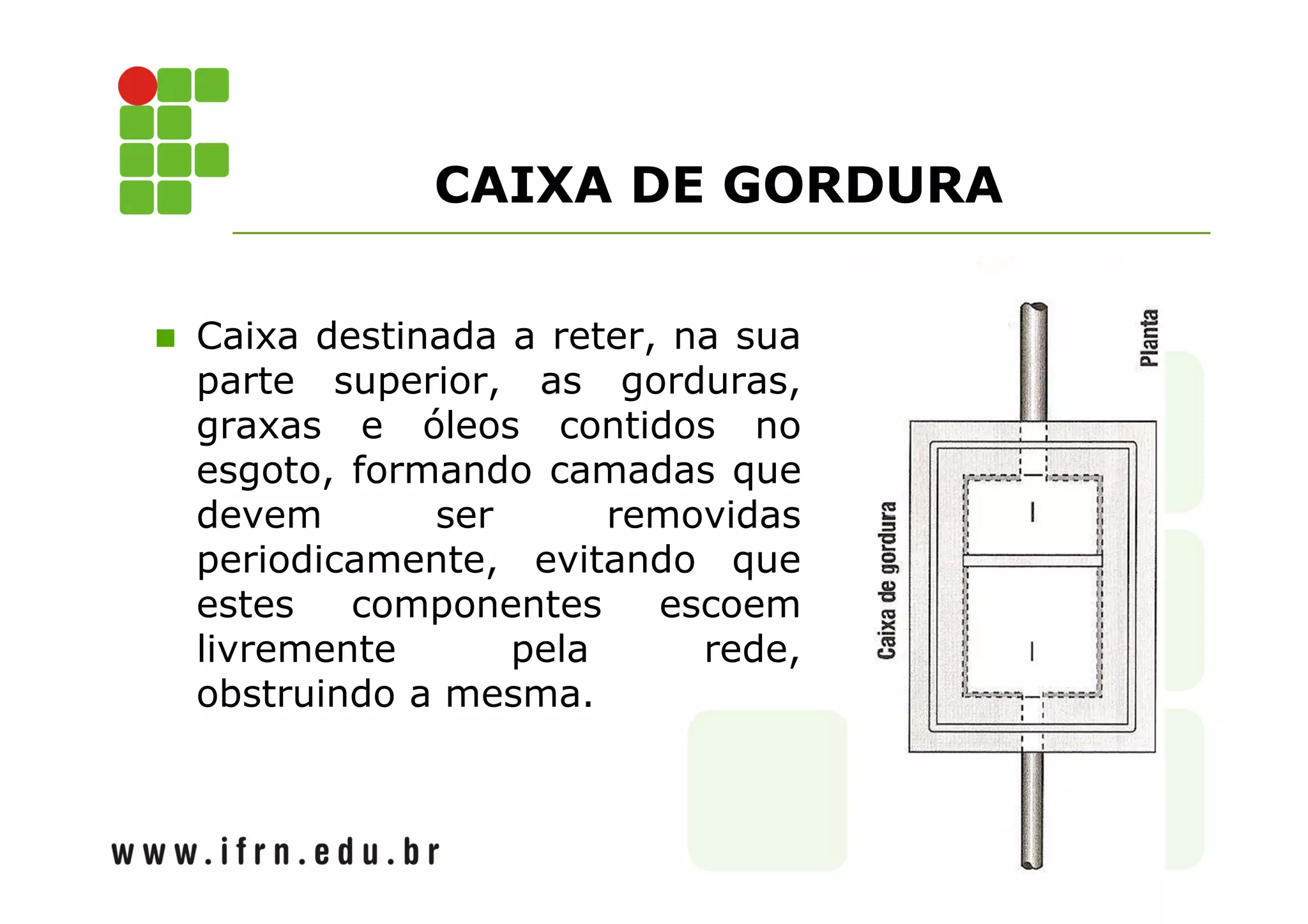 CAIXA DE GORDURA 
 Caixa destinada a reter, na sua 
parte superior, as gorduras, 
graxas e óleos contidos no 
esgoto, formando camadas que 
devem ser removidas 
periodicamente, evitando que 
estes componentes escoem 
livremente pela rede, 
obstruindo a mesma. 
 