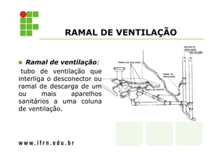 RAMAL DE VENTILAÇÃO 
 Ramal de ventilação: 
tubo de ventilação que 
interliga o desconector ou 
ramal de descarga de um 
ou mais aparelhos 
sanitários a uma coluna 
de ventilação. 
 