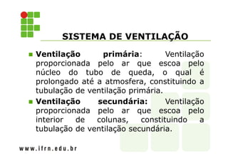 SISTEMA DE VENTILAÇÃO 
 Ventilação primária: Ventilação 
proporcionada pelo ar que escoa pelo 
núcleo do tubo de queda, o qual é 
prolongado até a atmosfera, constituindo a 
tubulação de ventilação primária. 
 Ventilação secundária: Ventilação 
proporcionada pelo ar que escoa pelo 
interior de colunas, constituindo a 
tubulação de ventilação secundária. 
 