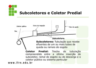 Subcoletores e Coletor Predial 
Subcoletores 
Coletor público 
Caixa de inspeção 
Coletor Predial: Trecho de tubulação 
compreendido entre a última inserção de 
subcoletor, ramal de esgoto ou de descarga e o 
coletor público ou sistema particular 
Rua 
Tubo de queda 
Subcoletores: Tubulação que recebe 
efluentes de um ou mais tubos de 
queda ou ramais de esgoto 
 