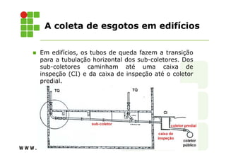 A coleta de esgotos em edifícios 
 Em edifícios, os tubos de queda fazem a transição 
para a tubulação horizontal dos sub-coletores. Dos 
sub-coletores caminham até uma caixa de 
inspeção (CI) e da caixa de inspeção até o coletor 
predial. 
 
