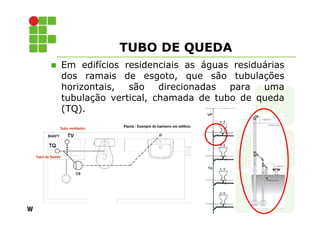 TUBO DE QUEDA 
 Em edifícios residenciais as águas residuárias 
dos ramais de esgoto, que são tubulações 
horizontais, são direcionadas para uma 
tubulação vertical, chamada de tubo de queda 
(TQ). 
 