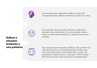 Reflexo e
emoções:
lembretes e
uma polêmica
Se emoções são respostas reflexas, as leis do
comportamento reflexo também se aplicam à elas.
Se emoções são respostas reflexas, então elas
também são contextuais: há uma relação direta
entre o ambiente/contexto e a reação emocional
exibida.
Se emoções são respostas reflexas, não podem (ou
não deveriam!) ser controladas/suprimidas: não
seria mais eficiente compreende-las, a partir do
paradigma respondente, e planejar intervenções
afim de torna-las mais funcionais e adaptativas?
 