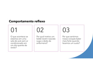 Comportamento reflexo
O que acontece se
estamos em uma
sala de aula sem ar
condicionado em
um dia quente de
verão?
01
Por qual motivo um
bebê recém-nascido
suga o dedo da
enfermeira?
02
Por que sentimos
nosso coração bater
mais forte quando
levamos um susto?
03
 