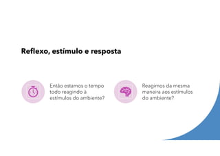 Reflexo, estímulo e resposta
Então estamos o tempo
todo reagindo à
estímulos do ambiente?
Reagimos da mesma
maneira aos estímulos
do ambiente?
 