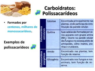 Carboidratos:
                          Polissacarídeos
• Formados por
  centenas, milhares de
  monossacarídeos.


Exemplos de
polissacarídeos
 