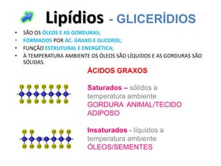 Lipídios - GLICERÍDIOS
•   SÃO OS ÓLEOS E AS GORDURAS;
•   FORMADOS POR ÁC. GRAXO E GLICEROL;
•   FUNÇÃO ESTRUTURAL E ENERGÉTICA;
•   À TEMPERATURA AMBIENTE OS ÓLEOS SÃO LÍQUIDOS E AS GORDURAS SÃO
    SÓLIDAS.
                          ÁCIDOS GRAXOS

                          Saturados – sólidos a
                          temperatura ambiente
                          GORDURA ANIMAL/TECIDO
                          ADIPOSO

                          Insaturados - líquidos a
                          temperatura ambiente
                          ÓLEOS/SEMENTES
 
