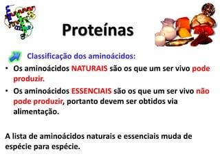Proteínas
      Classificação dos aminoácidos:
• Os aminoácidos NATURAIS são os que um ser vivo pode
  produzir.
• Os aminoácidos ESSENCIAIS são os que um ser vivo não
  pode produzir, portanto devem ser obtidos via
  alimentação.

A lista de aminoácidos naturais e essenciais muda de
espécie para espécie.
 