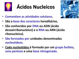 Ácidos Nucleicos
• Comandam as atividades celulares.
• São a base dos caracteres hereditários.
• São conhecidos por DNA ou ADN (ácido
  desoxirribonucleico) e o RNA ou ARN (ácido
  ribonucleico).
• São formados por unidades denominadas
  nucleotídeos.
• Cada nucleotídeo é formado por um grupo fosfato,
  uma pentose e uma base nitrogenada.
 