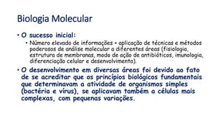 Biologia Molecular
• O sucesso inicial:
• Número elevado de informações + aplicação de técnicas e métodos
poderosos de análise molecular a diferentes áreas (fisiologia,
estrutura de membranas, modo de ação de antibióticos, imunologia,
diferenciação celular e desenvolvimento).
• O desenvolvimento em diversas áreas foi devido ao fato
de se acreditar que os princípios biológicos fundamentais
que determinavam a atividade de organismos simples
(bactéria e vírus), se aplicavam também a células mais
complexas, com pequenas variações.
 