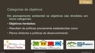 3º Etapa

Categorias de objetivos
Em planejamento ambiental os objetivos são divididos em
cinco categorias;
• Objetivos herdados:
– Resultam de políticas previamente estabelecidas como:
• Planos diretores e políticas de desenvolvimento.

pqe.com.br

soliloquioinsipiente.blogspot.com

participacaopolitica.ning.com

 