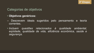 3º Etapa

Categorias de objetivos
• Objetivos genéricos:

– Descrevem ideais sugeridos pelo pensamento e teoria
correntes.
• Incluem questões relacionados à qualidade ambiental,
eqüidade, qualidade de vida, eficiência econômica, saúde e
segurança.

 