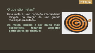 3º Etapa

O que são metas?

As metas tendem a ser muito mais
específicas,
focando
aspectos
particulares do objetivo;

conelengenharia.com

Uma meta é uma condição intermediaria
atingida, na direção de uma grande
realização (resultado);

 